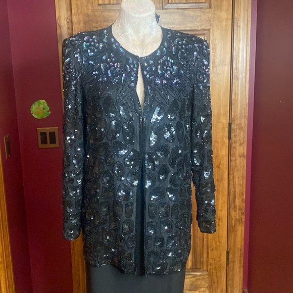 VNTG 60s Mark & John by Gopal Black n opalescent Sequin Beaded Silk Jacket Sz L - Picture 12 of 16